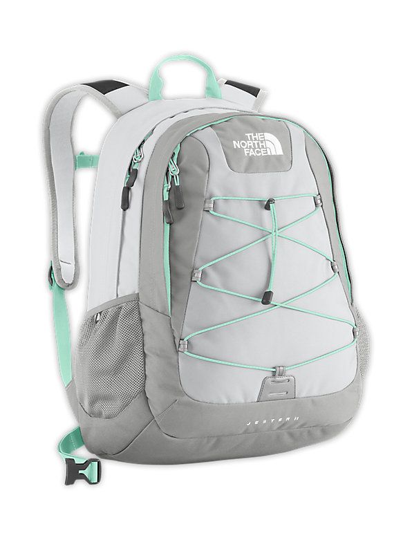 grey and mint green north face backpack 